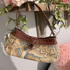 Liz Claiborne Purse Small Alligator Look Strap Floral Brown Gold Shoulder Bag